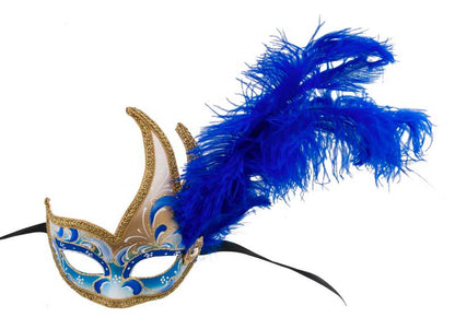 Masque de Venise Bleu et Doré à Plumes d’Autruche – Artisanat Authentique de Venise