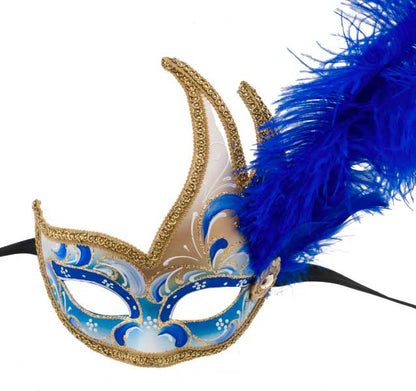 Masque de Venise Bleu et Doré à Plumes d’Autruche – Artisanat Authentique de Venise