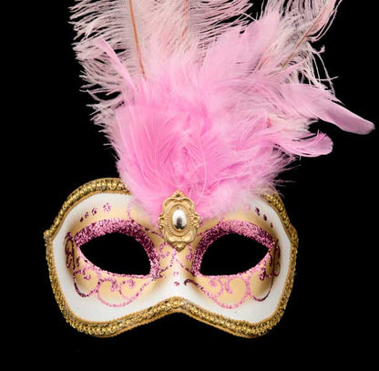 Masque Vénitien Civette à Plumes Vieux Rose – Artisanat Authentique de Venise