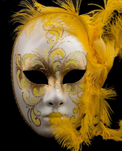 Masque Visage Vénitien Volto à Plumes Jaunes – Artisanat Authentique de Venise