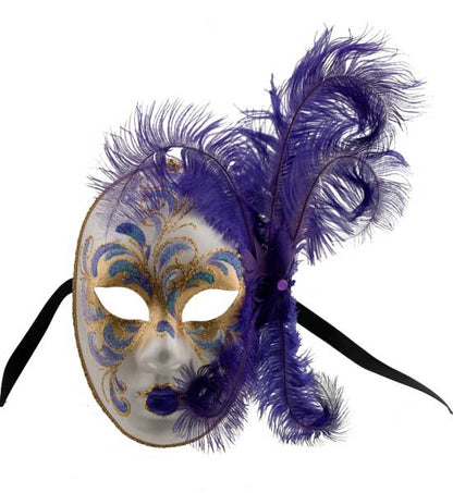 Masque Visage Vénitien Volto à Plumes Violettes – Artisanat Authentique de Venise