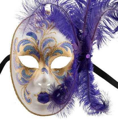 Masque Visage Vénitien Volto à Plumes Violettes – Artisanat Authentique de Venise