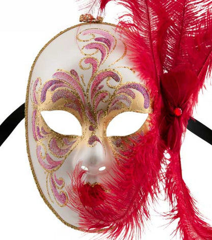 Masque Visage Vénitien Volto à Plumes Rouges – Artisanat Authentique de Venise