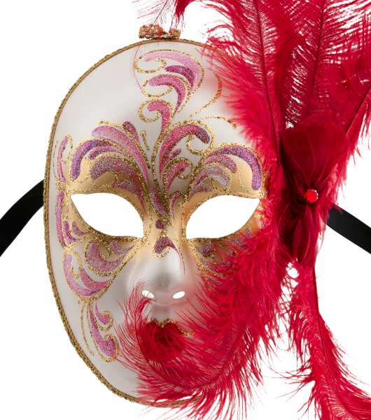 Masque Visage Vénitien Volto à Plumes Rouges – Artisanat Authentique de Venise