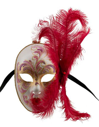 Masque Visage Vénitien Volto à Plumes Rouges – Artisanat Authentique de Venise