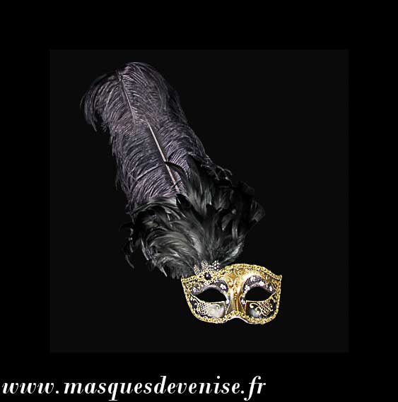 Masque Loup Vénitien Noir et Doré à Plumes – Artisanat Authentique de Venise