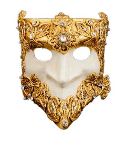 Masque Vénitien Bauta Macramé Blanc Doré – Artisanat Authentique de Venise