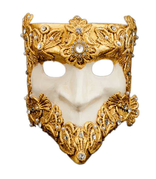 Masque Vénitien Bauta Macramé Blanc Doré – Artisanat Authentique de Venise