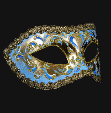 Masque Colombine Bleu Ciel et Doré – Authentique Artisanat de Venise