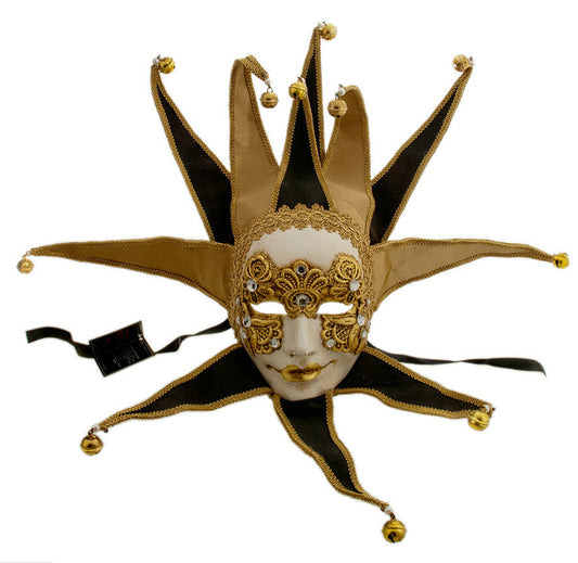 Masque Volto Joker Jolly Or et Noir à 11 Pointes – Artisanat Authentique de Venise