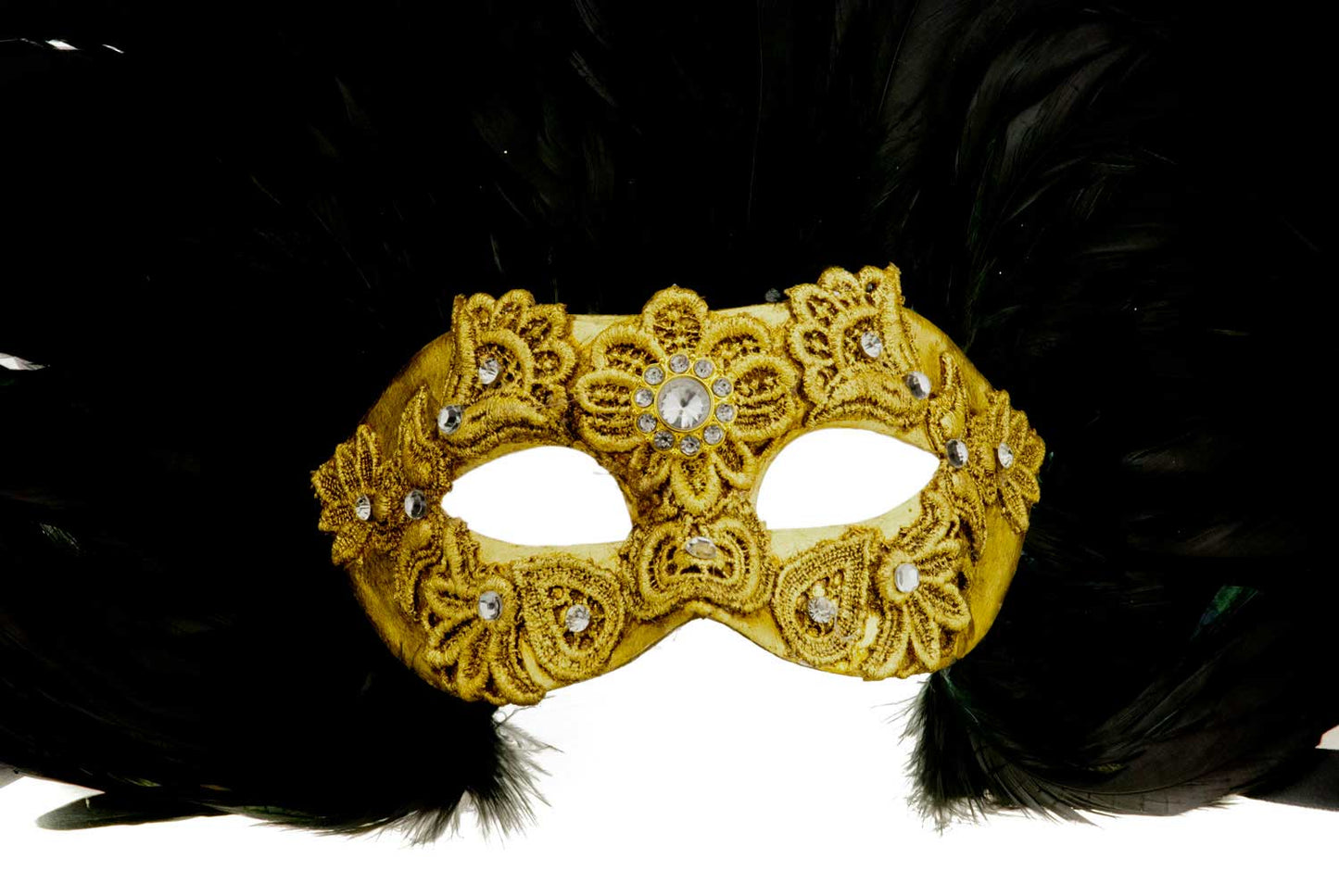 Masque Colombine Macramé Doré Noir et Doré à Plumes – Artisanat Authentique de Venise