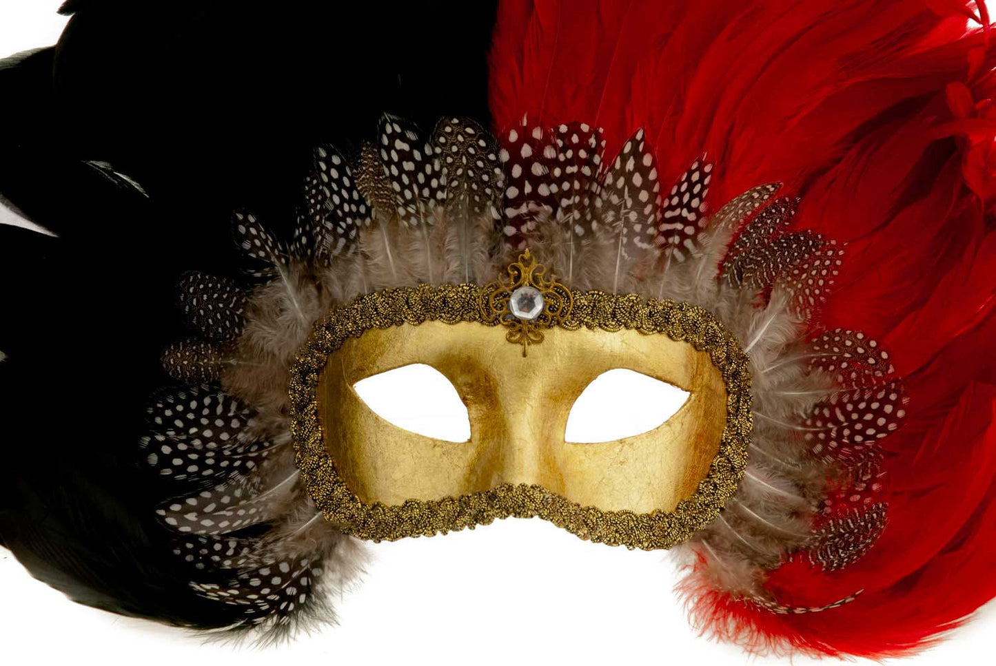 Masque Colombine Rouge et Noir à Plumes – Artisanat Authentique de Venise
