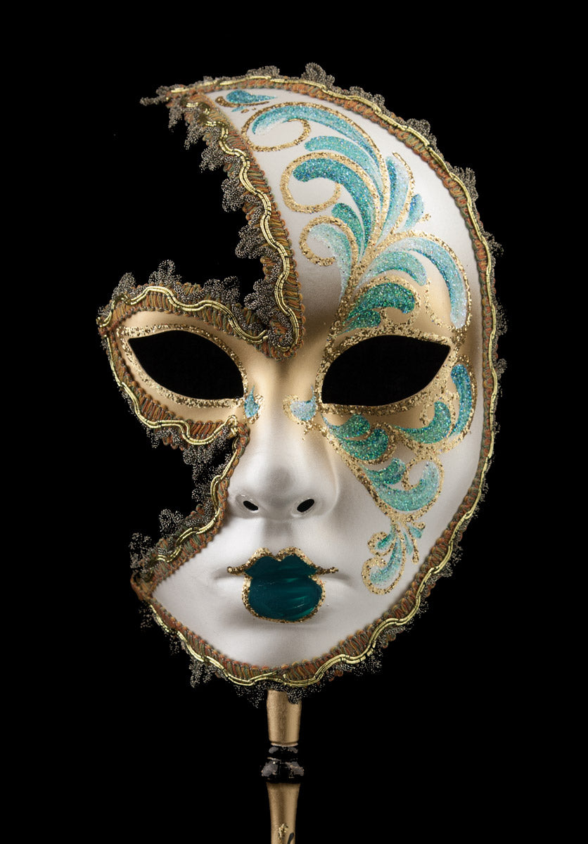 Masque Vénitien Lune Anna Vert Doré à Bâton – Artisanat Authentique de Venise