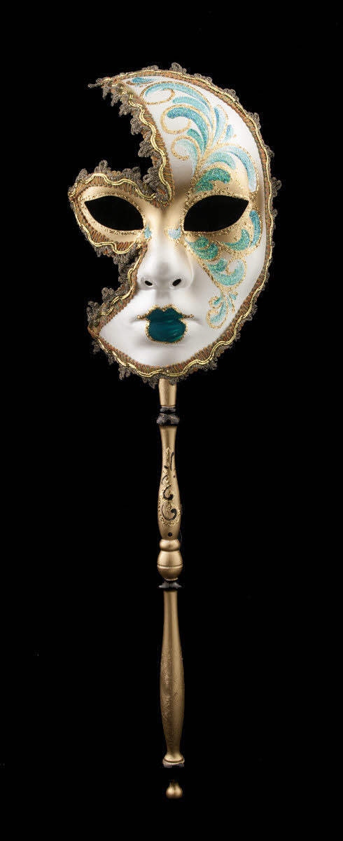 Masque Vénitien Lune Anna Vert Doré à Bâton – Artisanat Authentique de Venise