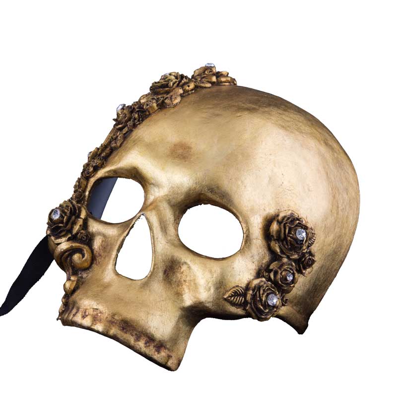 Masque Teschio Noir et Doré aux Roses – Artisanat Authentique de Venise