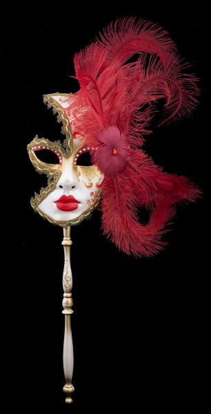 Rouge or avec plumes et des tourbillons en cuir véritable fait main Masque vénitien Masquerade 
