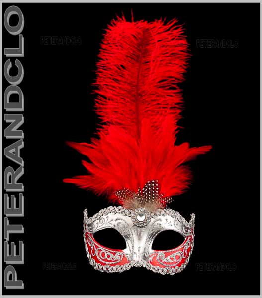 Masque Loup vénitien rouge avec plumes - CavernedesJouets